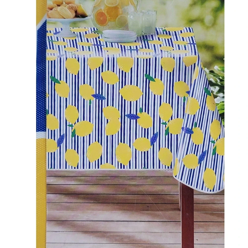 Mainstays Lemon Striped PEVA Tablecloth 60 x 84 Rectangle Blue Yellow White